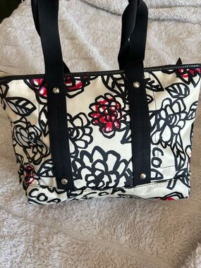 Coach Black & White Floral Satin Tote with Red Accents